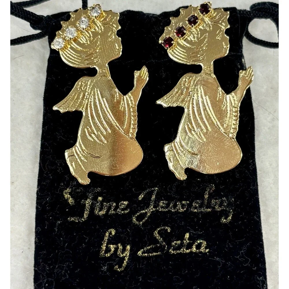 Vintage Seta Birthstone Angel Brooch Pins January Garnet April Rhinestone Pair